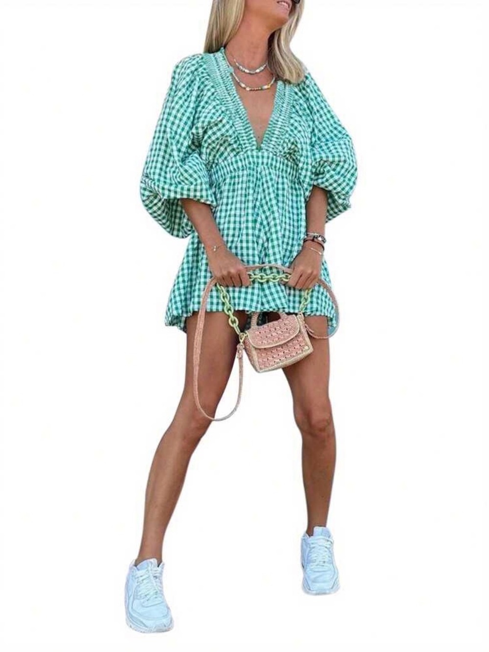 Gingham V-Neck romper in Mint Green